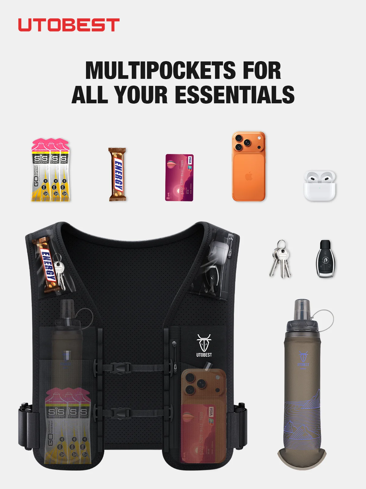 UTOBEST UTR113 Reflective Running Hydration Vest Adjustable Phone Holder Hydration Pack for Training Cycling Hiking thumbnail 3