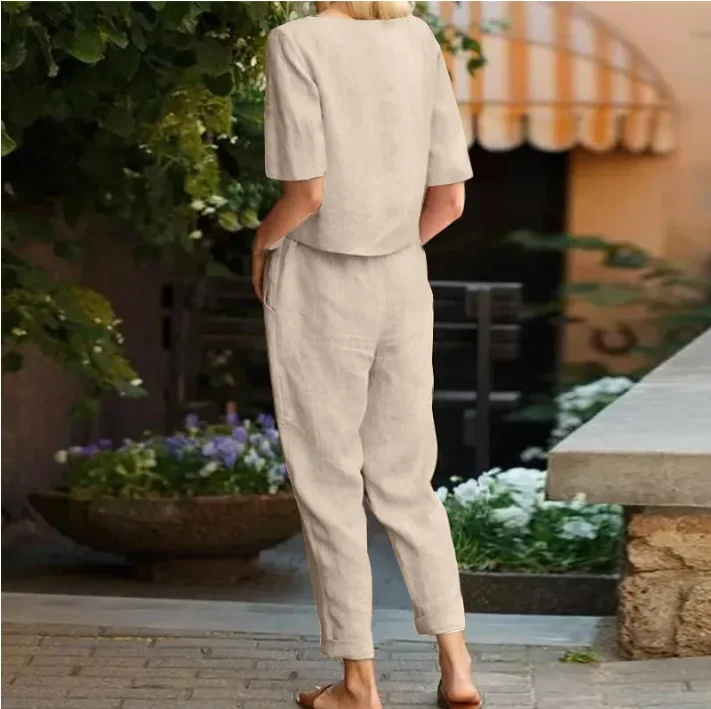 Women's Pullover Shirt And Pants Two-piece Set Women's Cotton And Linen Summer Suit Short Sleeved O-neck Outfit Pants thumbnail 4