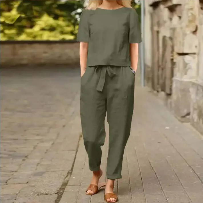 Women's Pullover Shirt And Pants Two-piece Set Women's Cotton And Linen Summer Suit Short Sleeved O-neck Outfit Pants thumbnail 2
