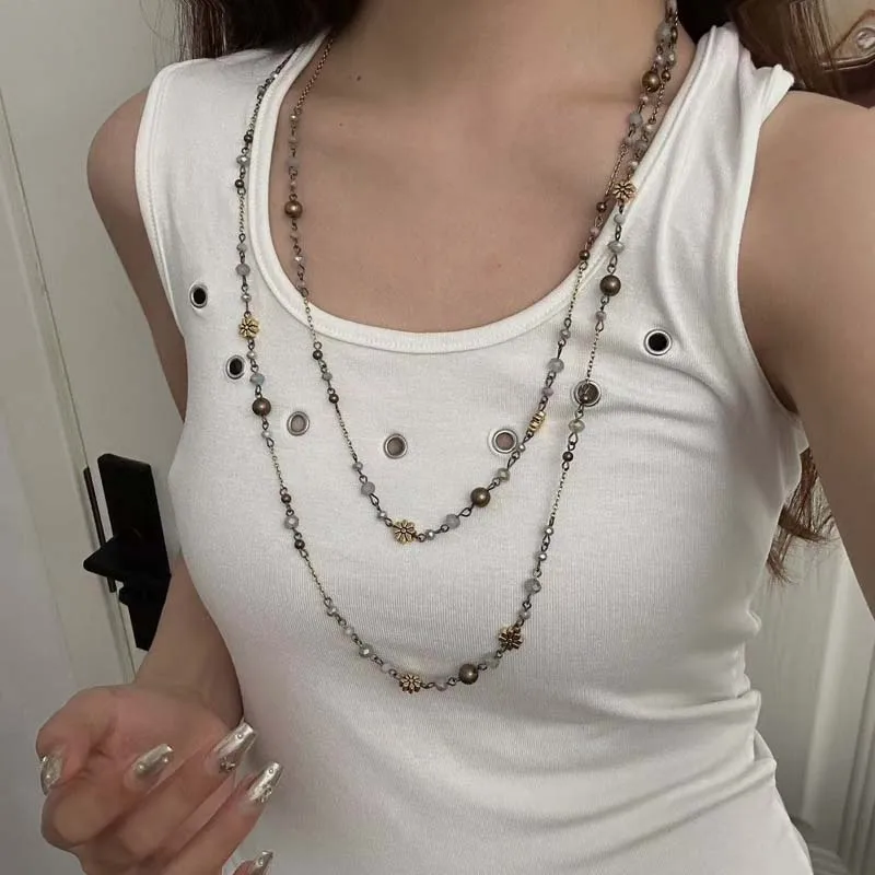 Vintage Double Layered Flower Beaded Chains Necklaces for Women Bohemian Ethnic Style Glass Beaded Sweater Chain Jewelry thumbnail 2