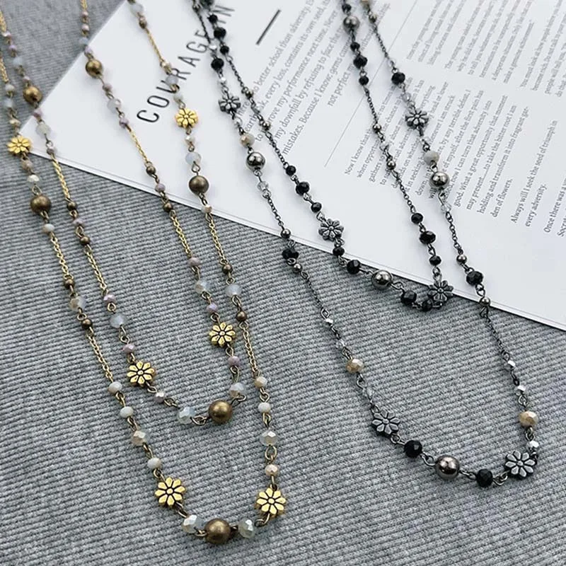 Vintage Double Layered Flower Beaded Chains Necklaces for Women Bohemian Ethnic Style Glass Beaded Sweater Chain Jewelry thumbnail 5