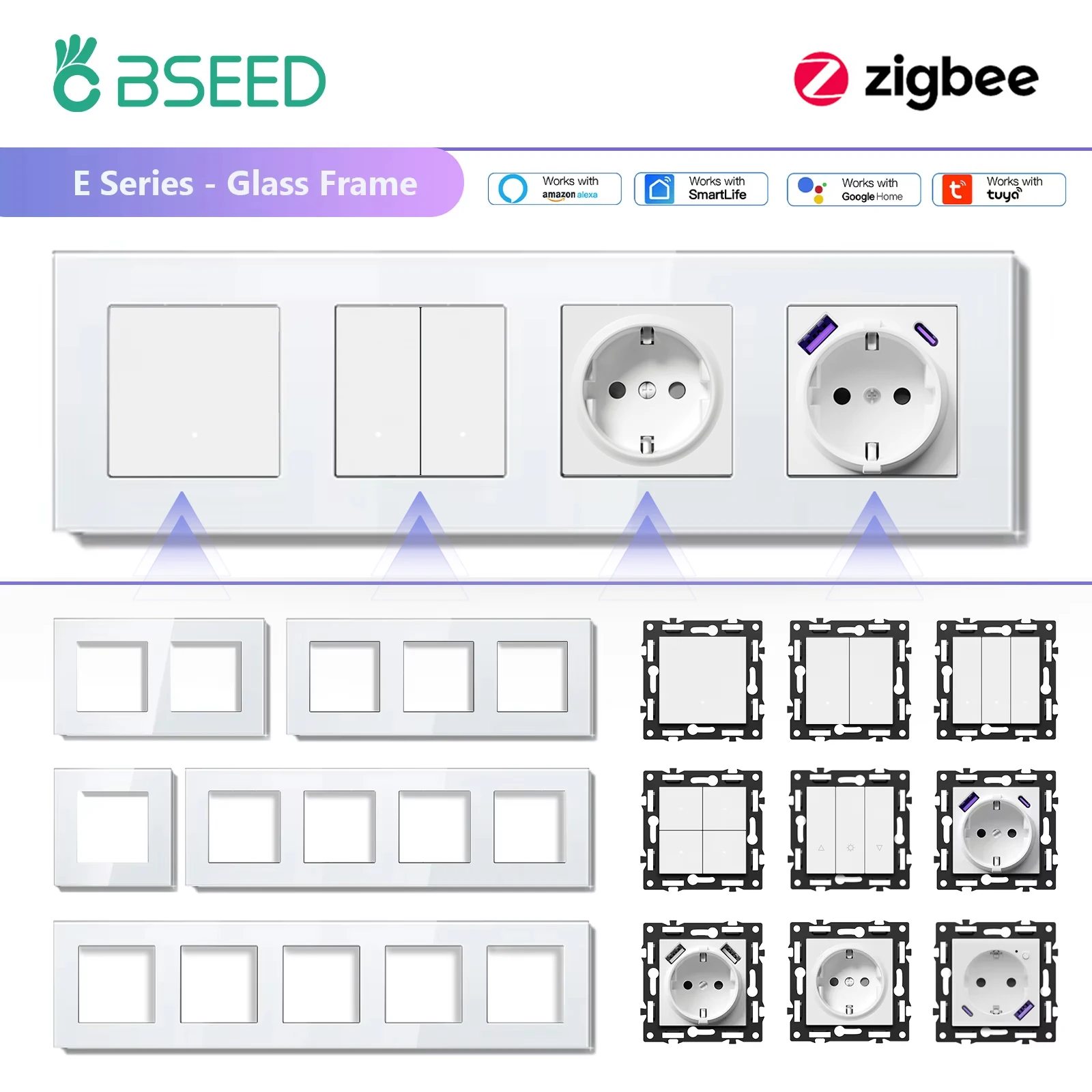 BSEED Zigbee 1/2/3Gang Smart Light Switches Tuya Smart Life Alexa EU Power Outlets Function Parts Glass Panels DIY Parts