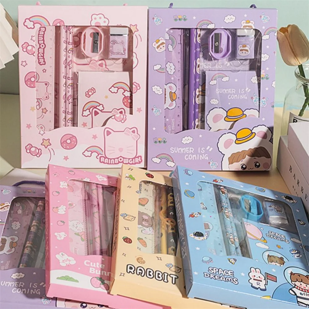 Cartoon Rabbit Pencil Ruler Eraser Sharpener Stationery Set Student School Office Writing Supplies Kindergarten Kids Gift thumbnail 5
