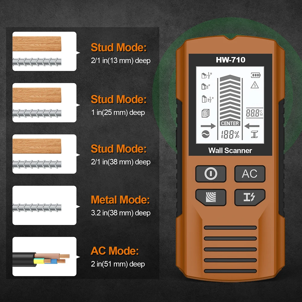 6 in 1 Handheld Wall Metal Detector Sensor Wall Scanner Wood Stud AC Wire Metal Pipes Depth Wall Detector with LCD Display thumbnail 3