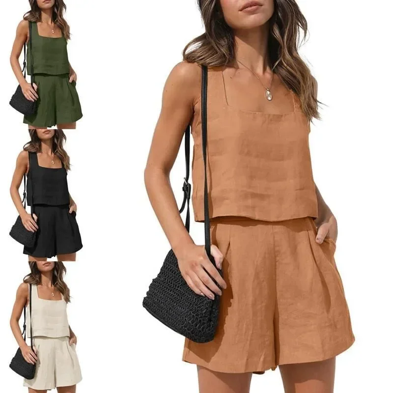2025 New 2-piece Leisure Suit Linen Shorts Sleeveless Top Vest  Tweed Set  Sets Womens Outfits  Two Piece Set Women