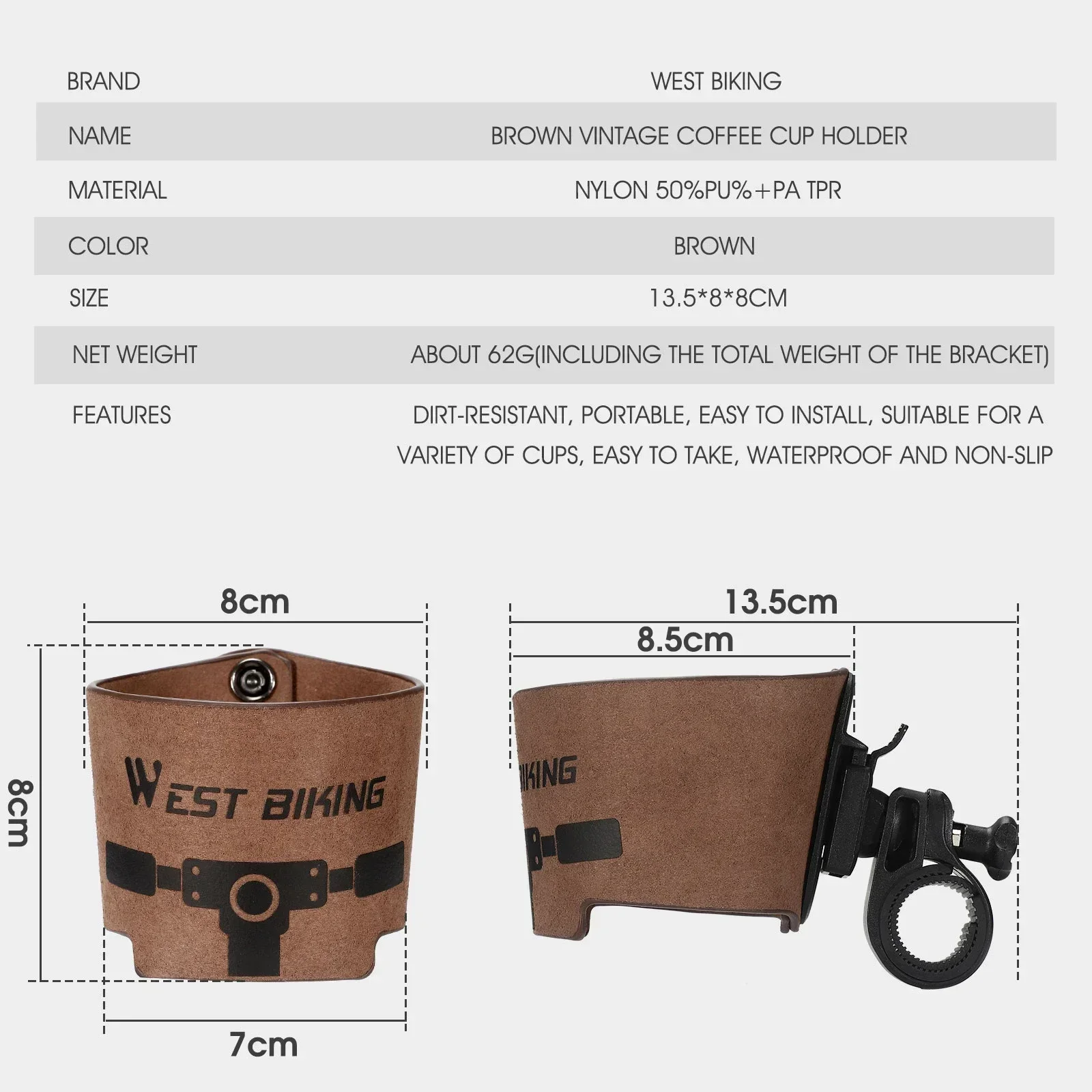 WEST BIKING Vintage Cowhide Bicycle Bottle Holder Coffee Cup Holder Tea Cup Holder Bicycle Bracket Scooter Bottle Cage Bracket thumbnail 6