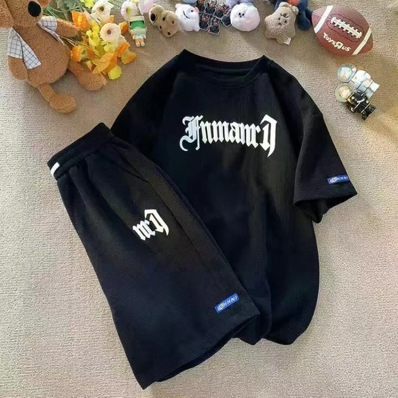Cross-border Waffle Casual Summer Ice Silk Short-sleeved Sports Clothes Set Men's T-shirt Men's Clothing Set Matching thumbnail 2
