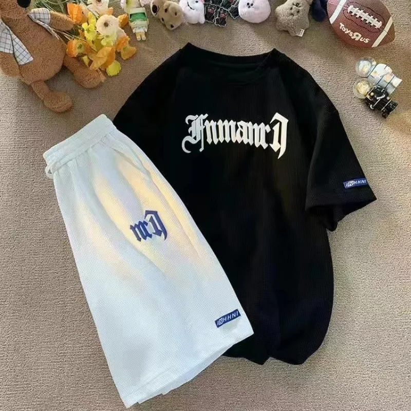 Cross-border Waffle Casual Summer Ice Silk Short-sleeved Sports Clothes Set Men's T-shirt Men's Clothing Set Matching thumbnail 4