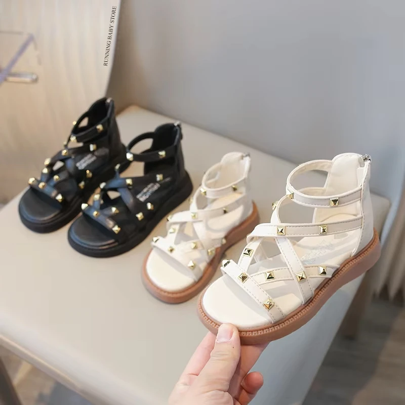 Summer Roman Sandals Girls Gladiator Boots High Top Fashion Princess Party Shoes Platform Rivets Kids Girl Beach Shoes I03221