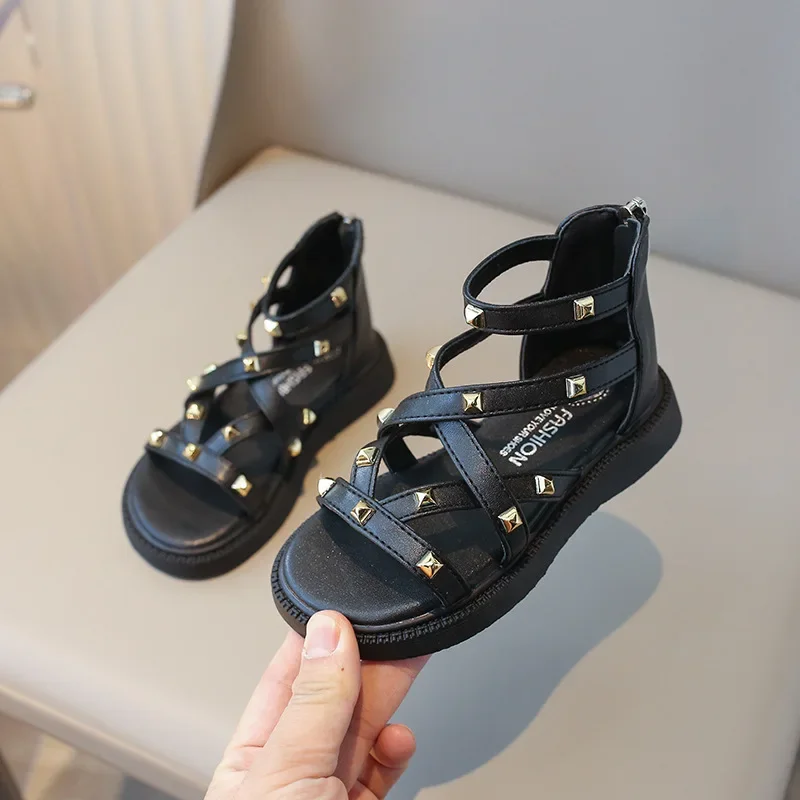 Summer Roman Sandals Girls Gladiator Boots High Top Fashion Princess Party Shoes Platform Rivets Kids Girl Beach Shoes I03221 thumbnail 2