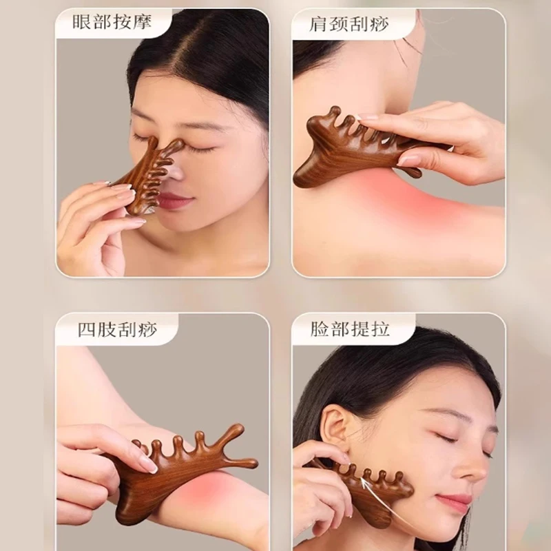 Head Body Massager Neck Face Health Care Massage Tool Meridian Scalp Four-in-one Sandalwood Comb  Massage Acupoint Nose Scraper thumbnail 2