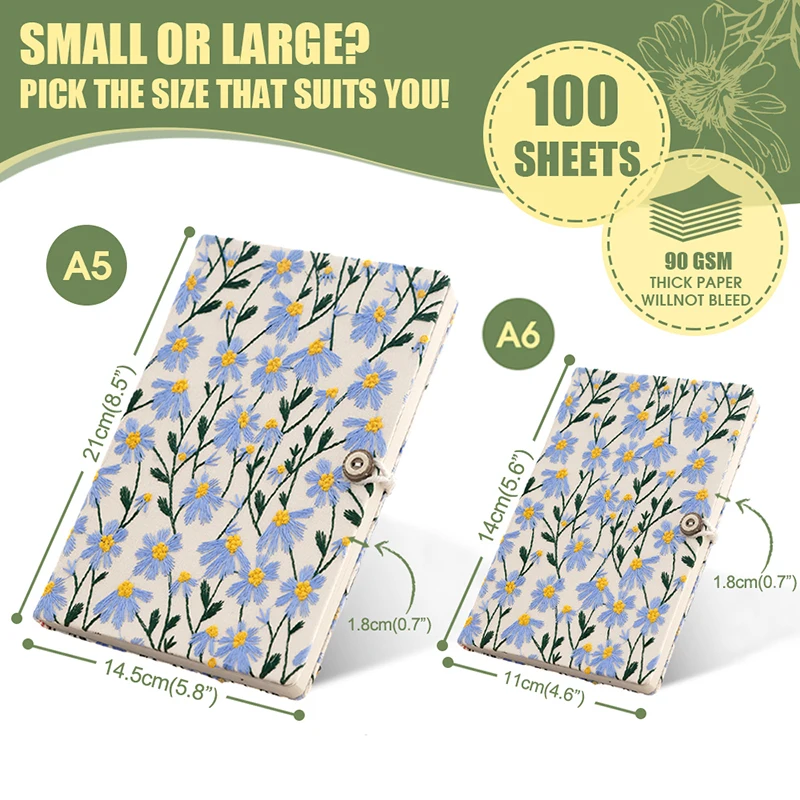 A5 A6 Fabric Embroidery Notebook Cloth Notepad Line 100 Sheets/200 Pages with Bookmark and Botton 90GSM Paper thumbnail 5