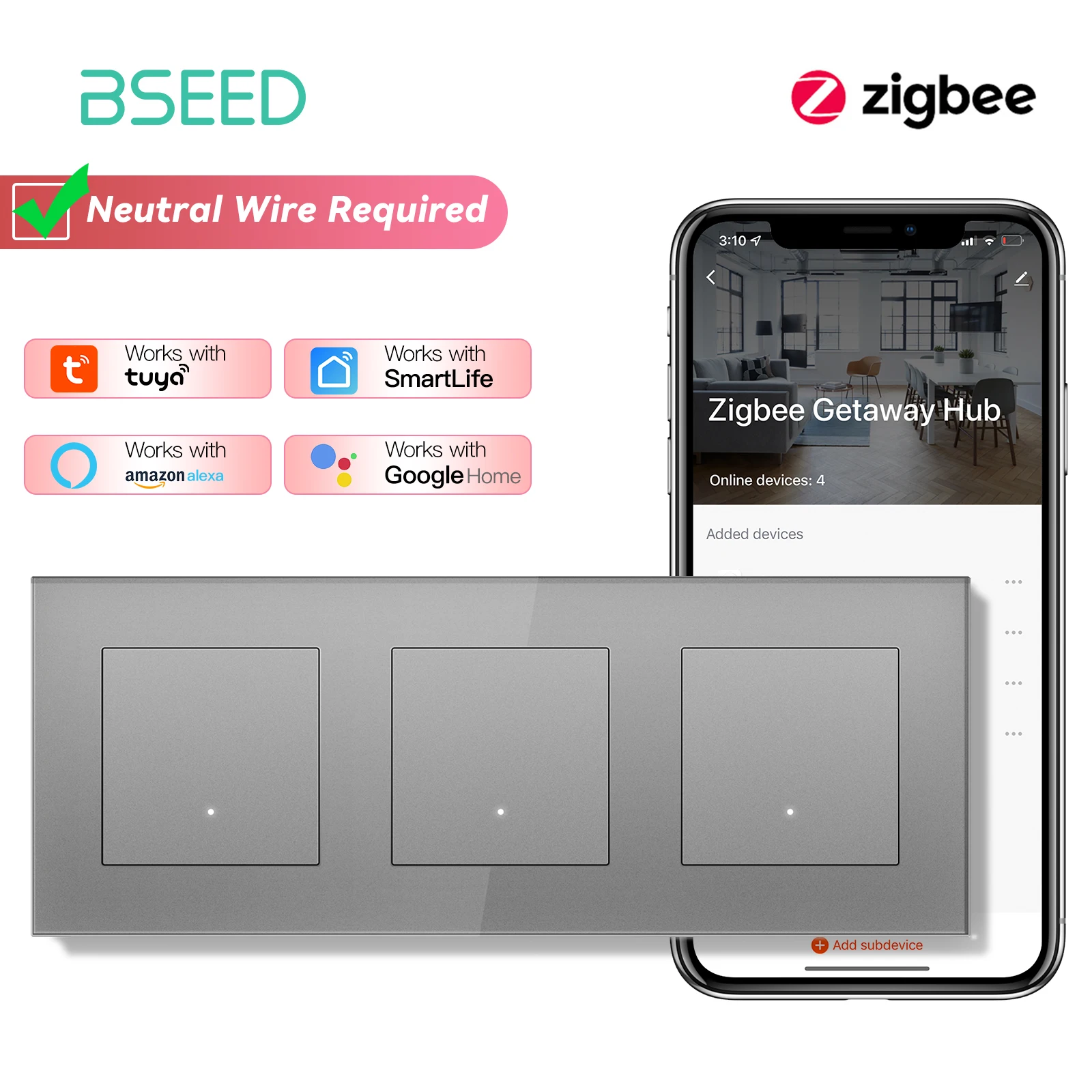 BSEED ZigBee Click Switch Modules Smart Light Switch Parts Glass Frame DIY Combination Wall Sockets USB Charge Key E-Series thumbnail 5