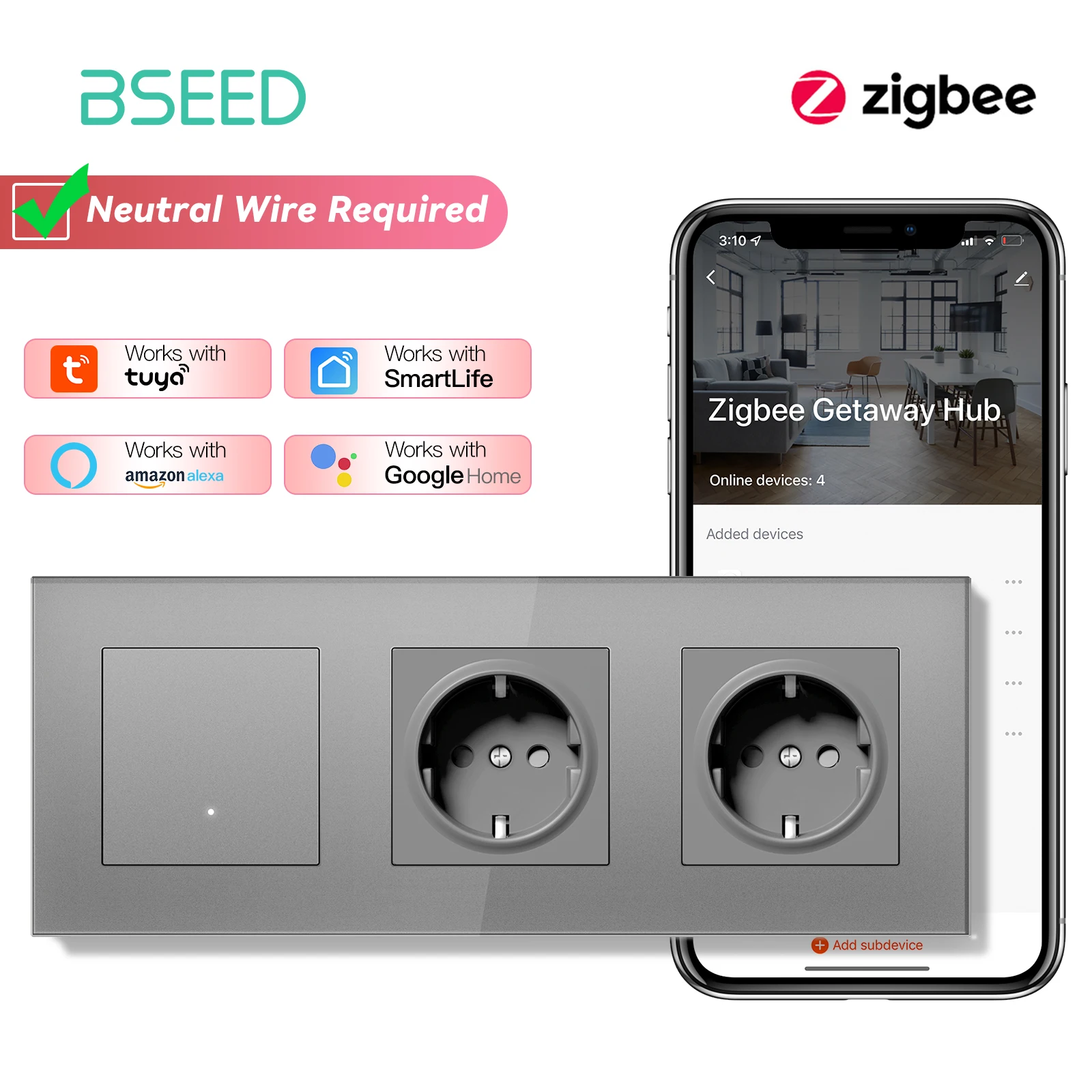 BSEED ZigBee Click Switch Modules Smart Light Switch Parts Glass Frame DIY Combination Wall Sockets USB Charge Key E-Series thumbnail 4