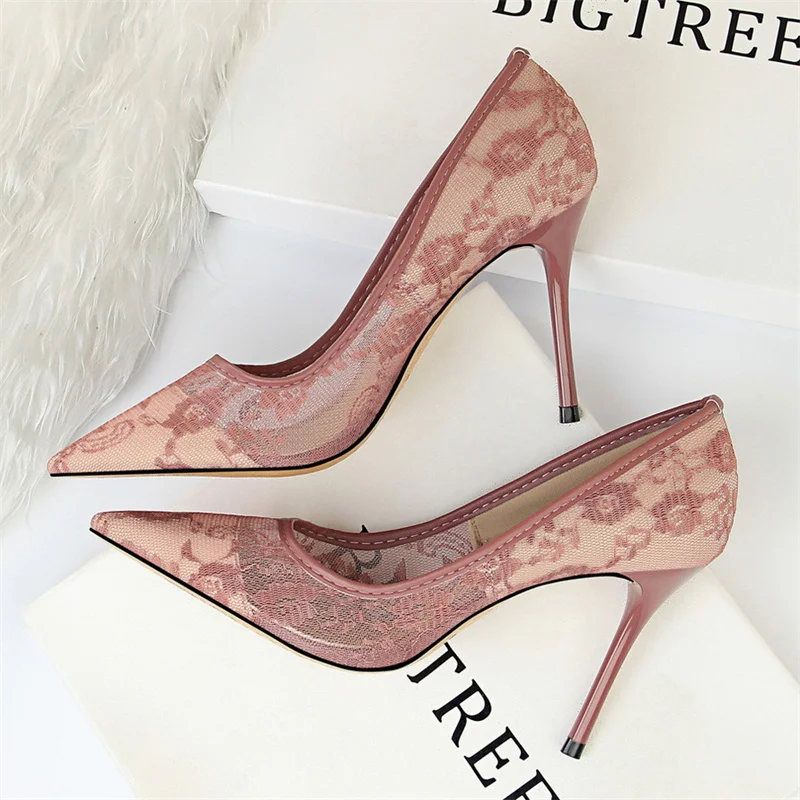 2024 Black Flower Lace Mesh Pumps Women Pointed Toe Shallow Fashion Party Single Shoes Show Thin High Heel Office Shoes thumbnail 2
