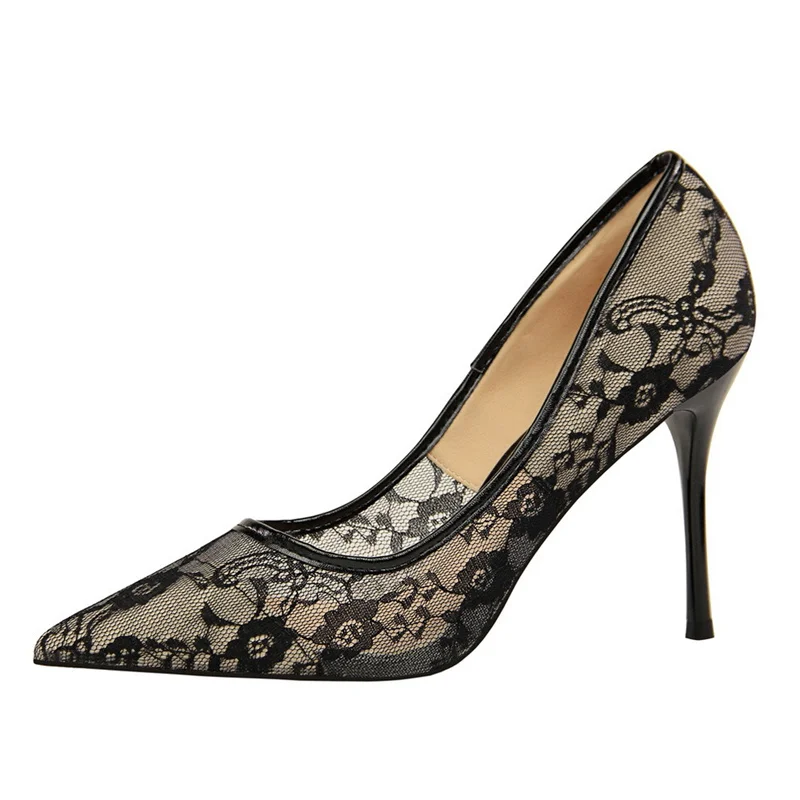 2024 Black Flower Lace Mesh Pumps Women Pointed Toe Shallow Fashion Party Single Shoes Show Thin High Heel Office Shoes thumbnail 5