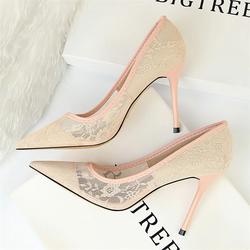 2024 Black Flower Lace Mesh Pumps Women Pointed Toe Shallow Fashion Party Single Shoes Show Thin High Heel Office Shoes thumbnail 4