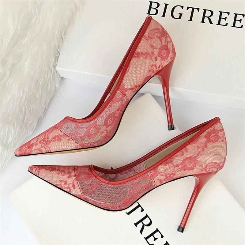 2024 Black Flower Lace Mesh Pumps Women Pointed Toe Shallow Fashion Party Single Shoes Show Thin High Heel Office Shoes thumbnail 6