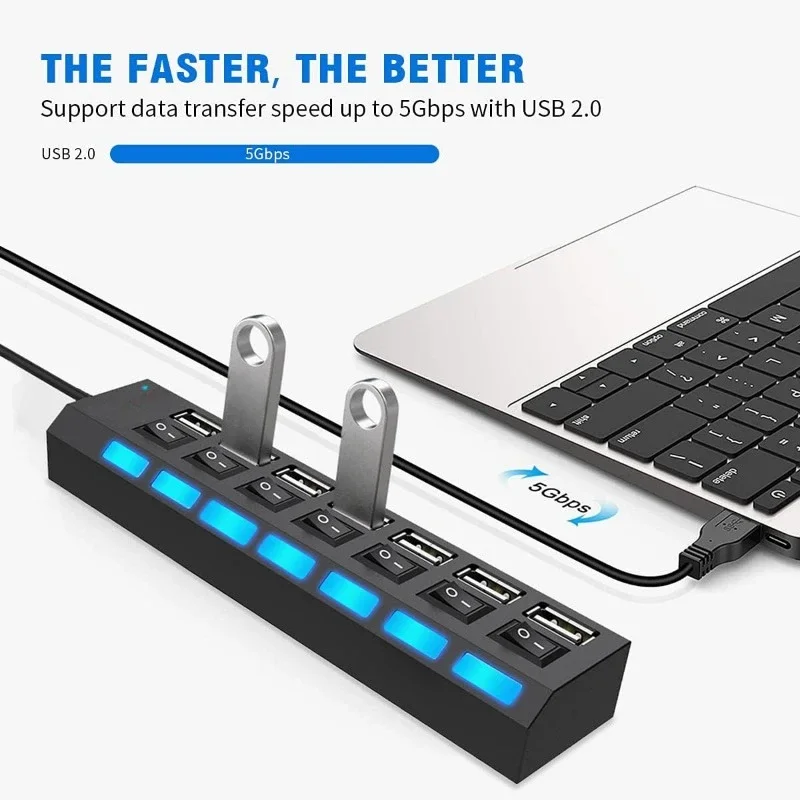 High Speed 7 Ports LED USB 2.0 Adapter Hub Multi-Port Socket Powered ON/OFF Switch Charger Splitter For Pc Laptop Computer Phone thumbnail 2
