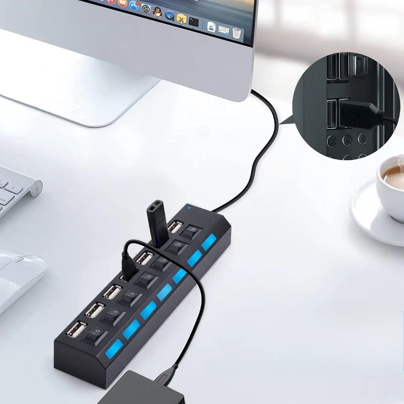 High Speed 7 Ports LED USB 2.0 Adapter Hub Multi-Port Socket Powered ON/OFF Switch Charger Splitter For Pc Laptop Computer Phone thumbnail 4