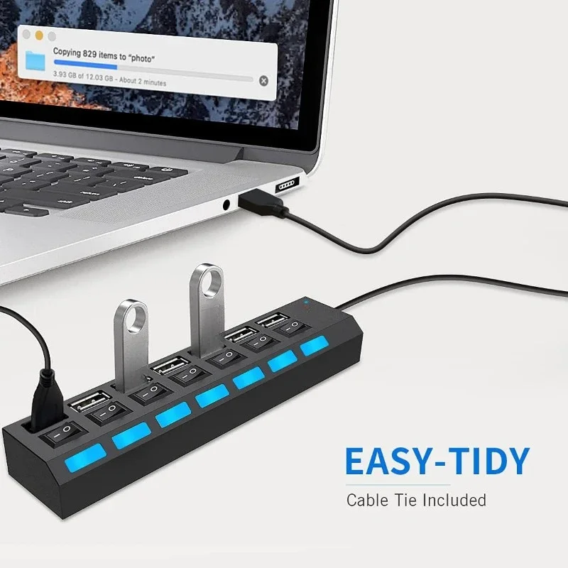 High Speed 7 Ports LED USB 2.0 Adapter Hub Multi-Port Socket Powered ON/OFF Switch Charger Splitter For Pc Laptop Computer Phone thumbnail 3