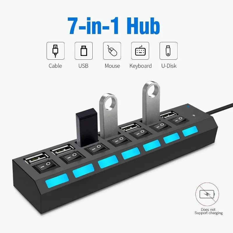 High Speed 7 Ports LED USB 2.0 Adapter Hub Multi-Port Socket Powered ON/OFF Switch Charger Splitter For Pc Laptop Computer Phone