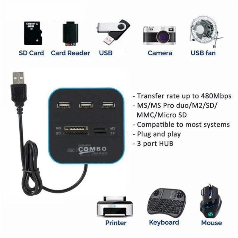 USB Hub Combo 3 Ports USB 2.0 Micro Card Reader SD/TF USB Splitter Hub Combo All In One for PC Computer Accessories thumbnail 4