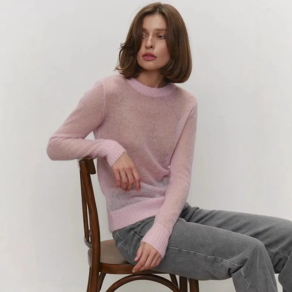 Classic Mohair Knitted Sweater Top Spring and Summer Women's Fashion Micro Perspective Cool Loose Elastic O-neck Knitted Shirt thumbnail 6