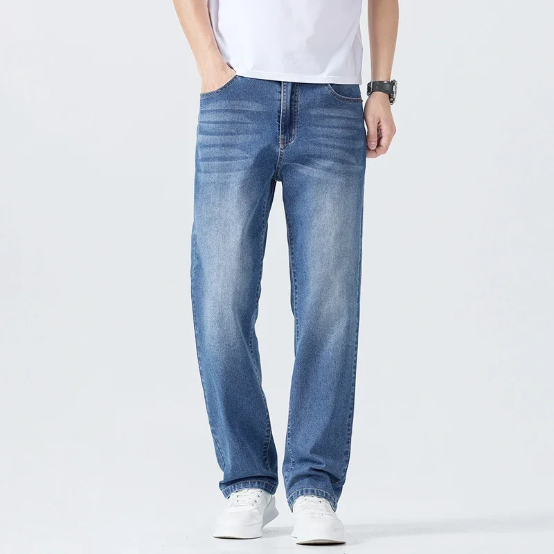 Summer Thin Straight Jeans Men's Clothing Soft Breathable Trousers Male Brand Comfortable Business Loose Denim Pants thumbnail 4