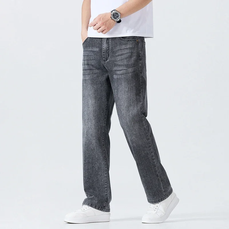 Summer Thin Straight Jeans Men's Clothing Soft Breathable Trousers Male Brand Comfortable Business Loose Denim Pants thumbnail 5