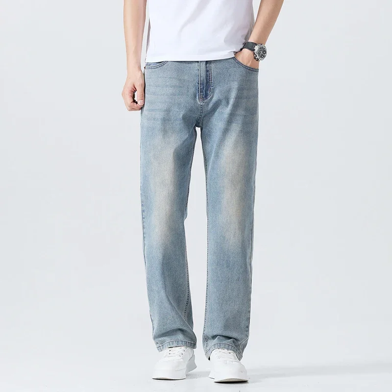 Summer Thin Straight Jeans Men's Clothing Soft Breathable Trousers Male Brand Comfortable Business Loose Denim Pants thumbnail 3