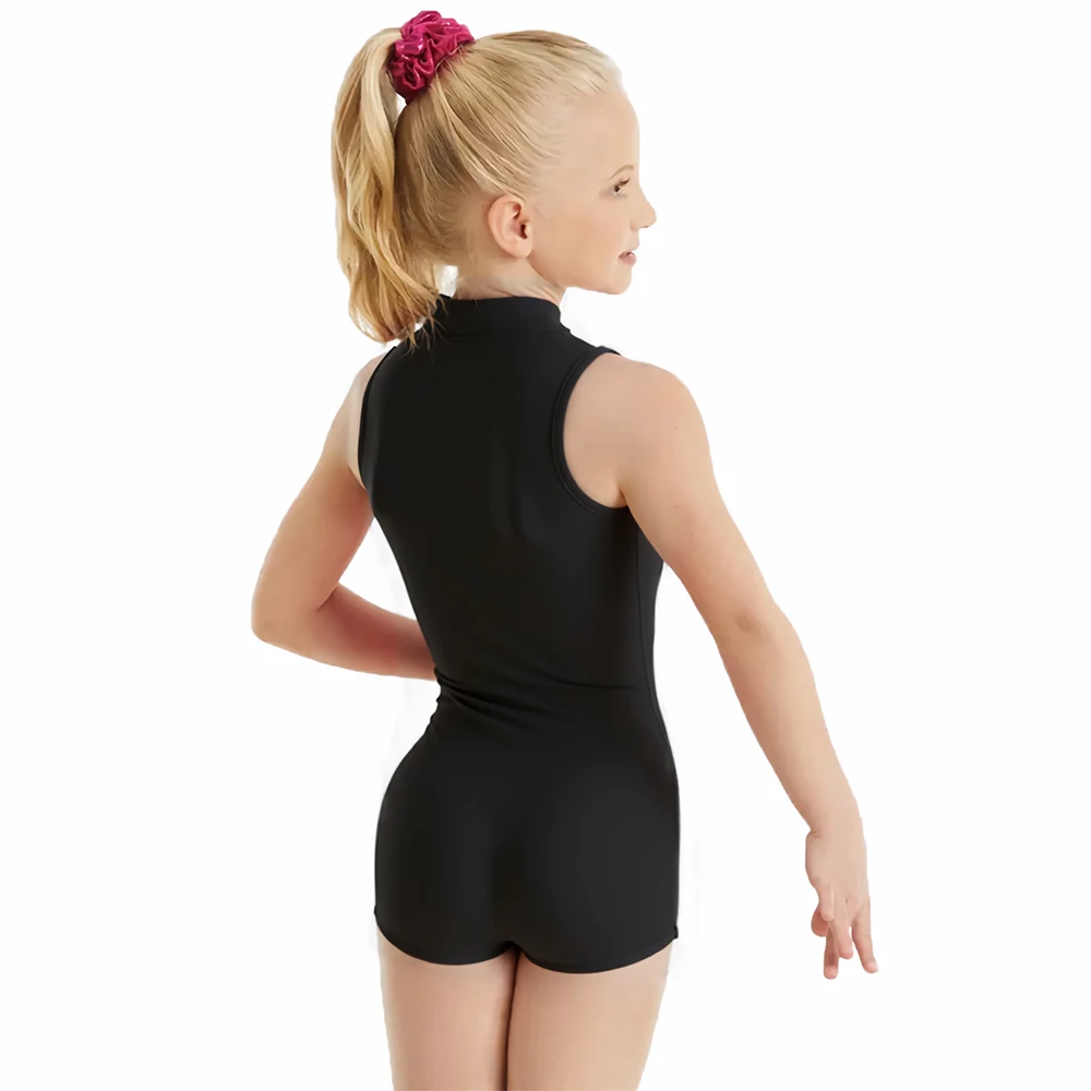 OVIGILY Girls Black Sleeveless Leotard Front Zip Kids Spandex Dance Biketard Gymnastics Performance Outfits thumbnail 4