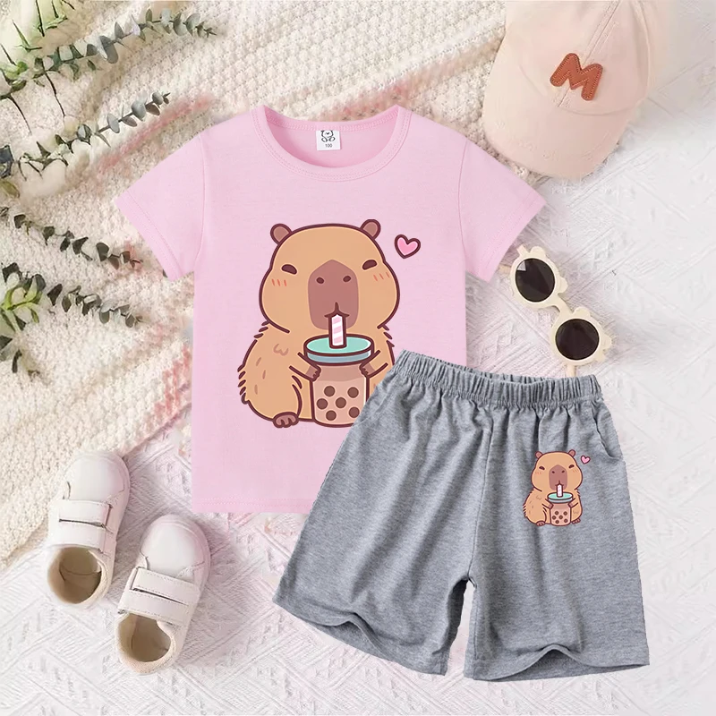 Capybara Baby T-Shirt Shorts Suit Boys Girls Summer Clothes Outfit Tracksuit Cartoon Anime Printed Tees Kids Pajamas Sets Gift thumbnail 2