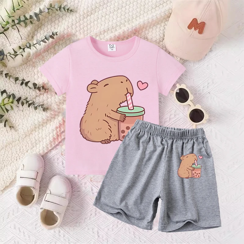 Capybara Baby T-Shirt Shorts Suit Boys Girls Summer Clothes Outfit Tracksuit Cartoon Anime Printed Tees Kids Pajamas Sets Gift