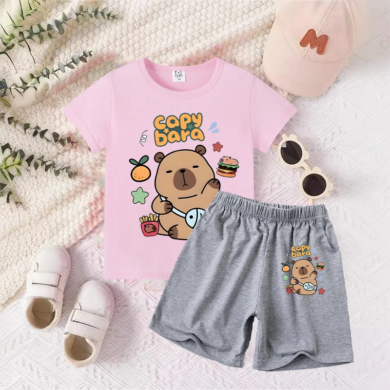 Capybara Baby T-Shirt Shorts Suit Boys Girls Summer Clothes Outfit Tracksuit Cartoon Anime Printed Tees Kids Pajamas Sets Gift thumbnail 3