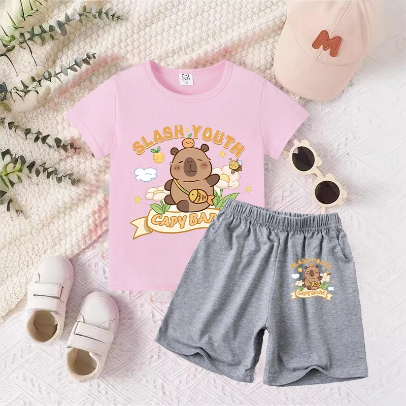 Capybara Baby T-Shirt Shorts Suit Boys Girls Summer Clothes Outfit Tracksuit Cartoon Anime Printed Tees Kids Pajamas Sets Gift thumbnail 4