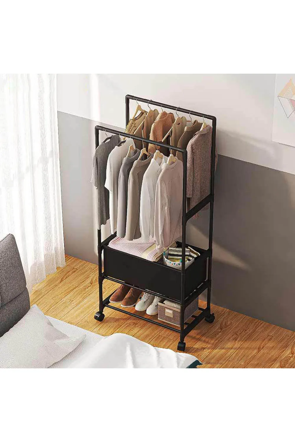 【Lifeideas】Double Rod Metal Clothes Rack on Wheels thumbnail 4