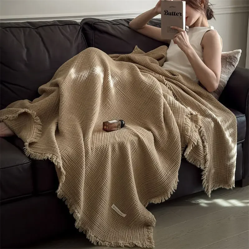 Class A knitted fringed pure cotton six-layer gauze blanket 100 cotton shawl blanket retro sofa nap blanket thumbnail 6