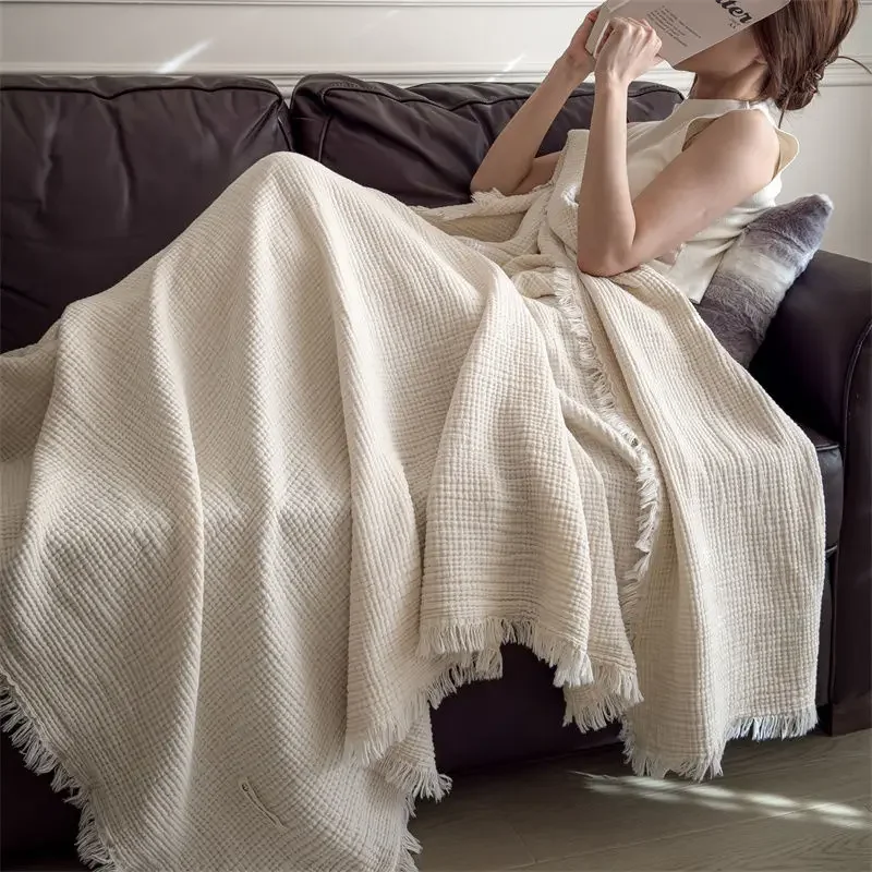 Class A knitted fringed pure cotton six-layer gauze blanket 100 cotton shawl blanket retro sofa nap blanket thumbnail 4