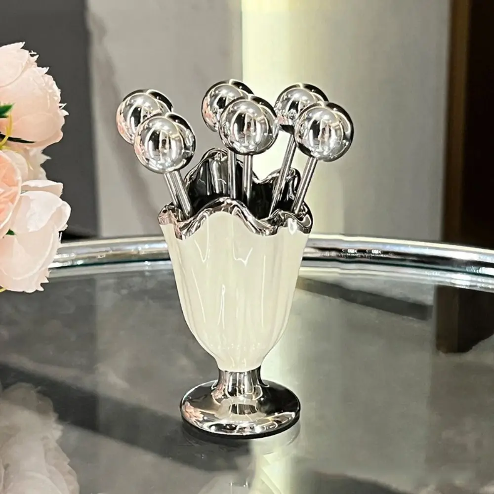 6Pcs Stainless Steel Fruit Forks Set Light Luxury Ceramic Jar Dessert Forks with Holder Home Decoration Tableware Organizer thumbnail 4