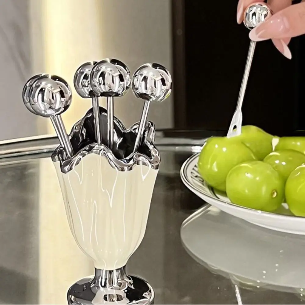 6Pcs Stainless Steel Fruit Forks Set Light Luxury Ceramic Jar Dessert Forks with Holder Home Decoration Tableware Organizer thumbnail 3