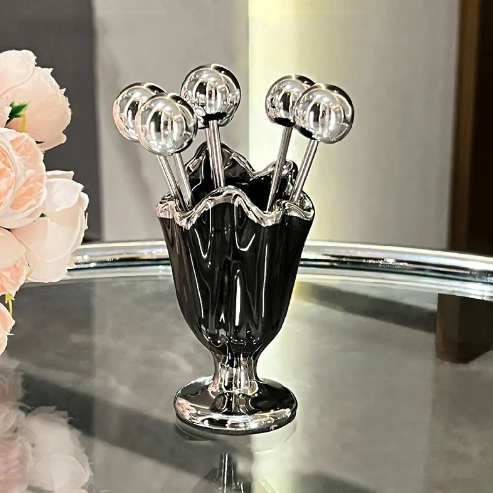 6Pcs Stainless Steel Fruit Forks Set Light Luxury Ceramic Jar Dessert Forks with Holder Home Decoration Tableware Organizer thumbnail 2