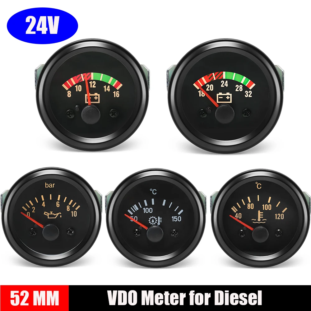 24V VDO Voltmeter 8-16V 18-32V for Diesel Car 10Bar Oil Press Meter Oil / Water Temp Gauge Indicator with Yellow Led Customized