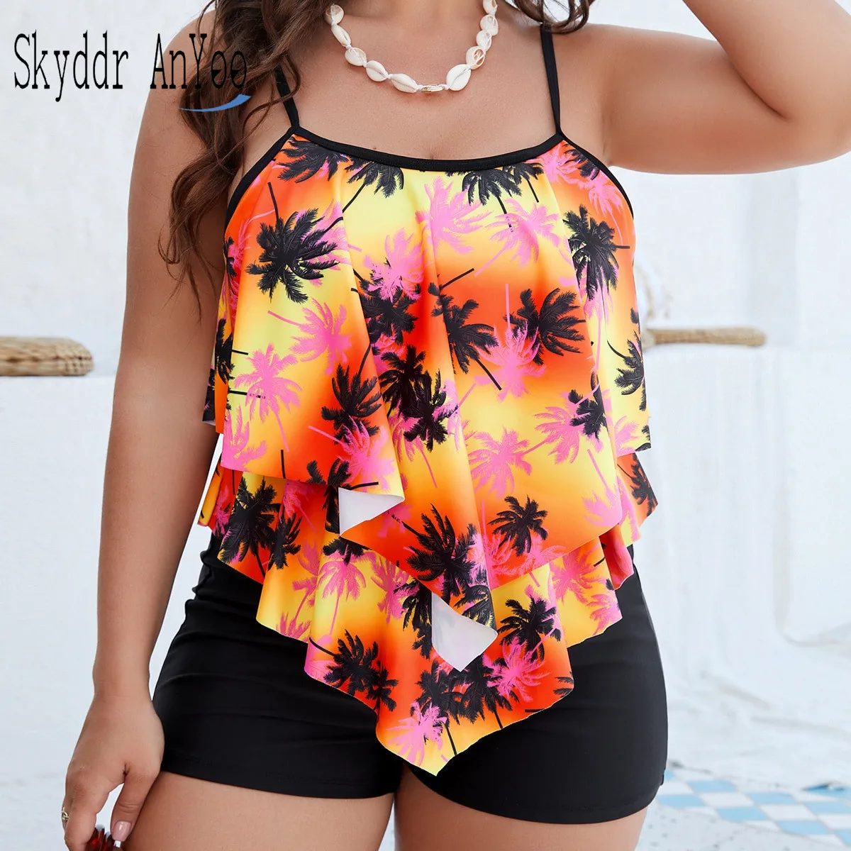 Plus Size Women's Swimsuit 2025 Two Piece Sets Tankini Beach Outfits Ruffled Tank Top High Waisted Shorts Bathing Suit