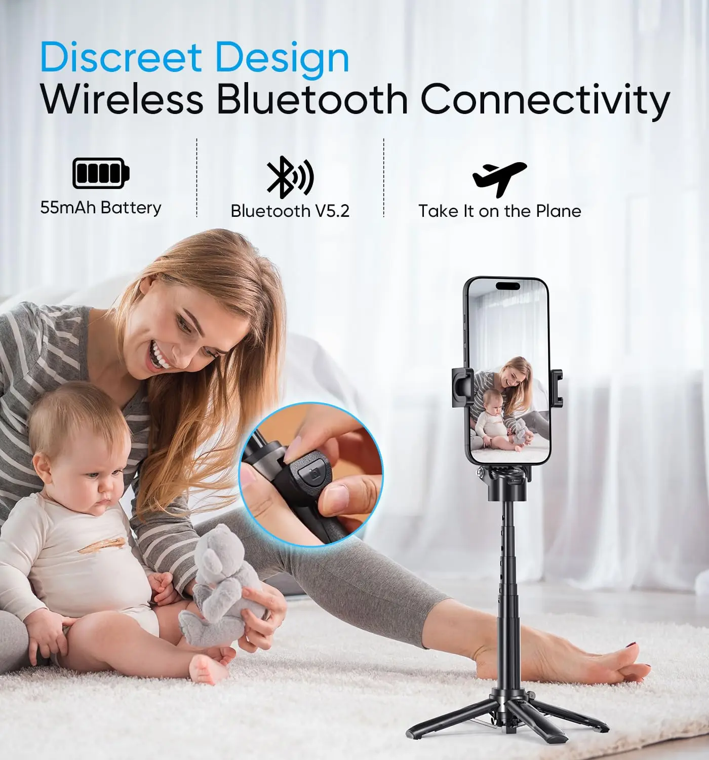 Mini Tripod，2025 New Selfie Stick Tripod with Remote One-Touch Push Button Switch, 360° Rotation with Bluetooth for IPhone thumbnail 5