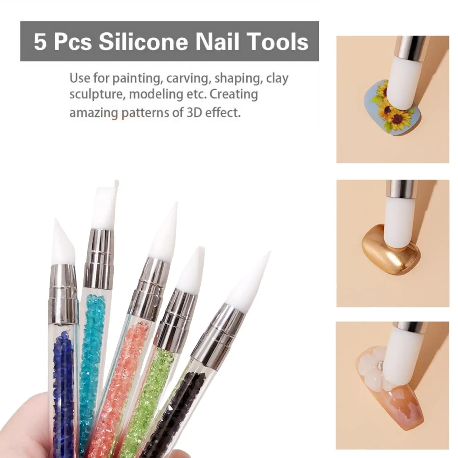 1/5 Pcs Silicone Nail Tools Dual Tipped Nail Art Sculpture Pen Rhinestone Nail Polish Carving Pen Rubber Tip Nail Brushes thumbnail 6