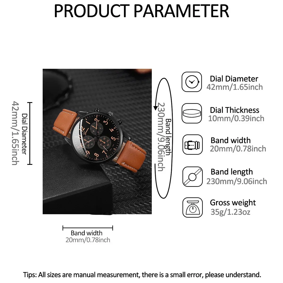 4Pcs/set Men's fashion Trend Brown PU leather quartz watch and bracelet set thumbnail 6