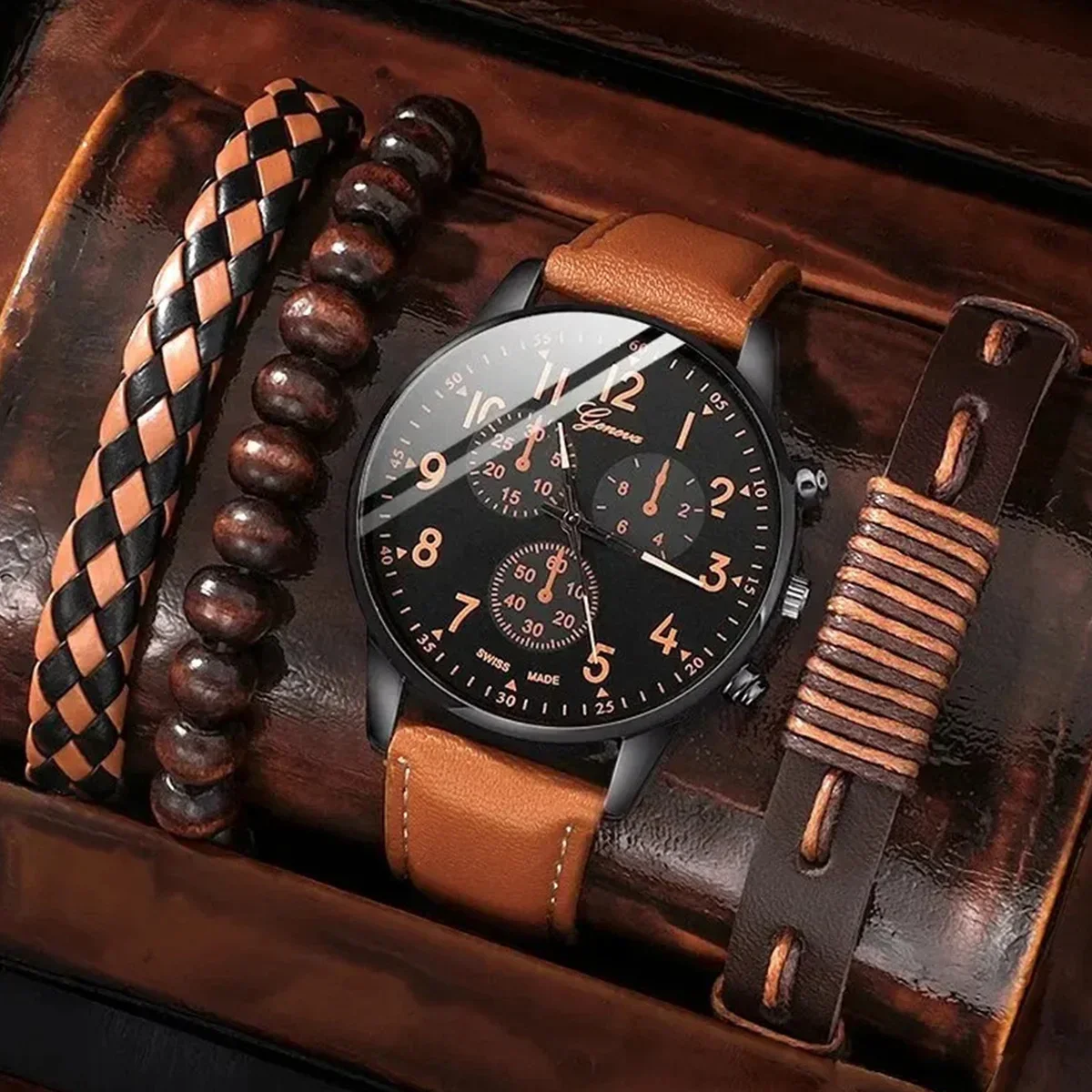 4Pcs/set Men's fashion Trend Brown PU leather quartz watch and bracelet set thumbnail 2