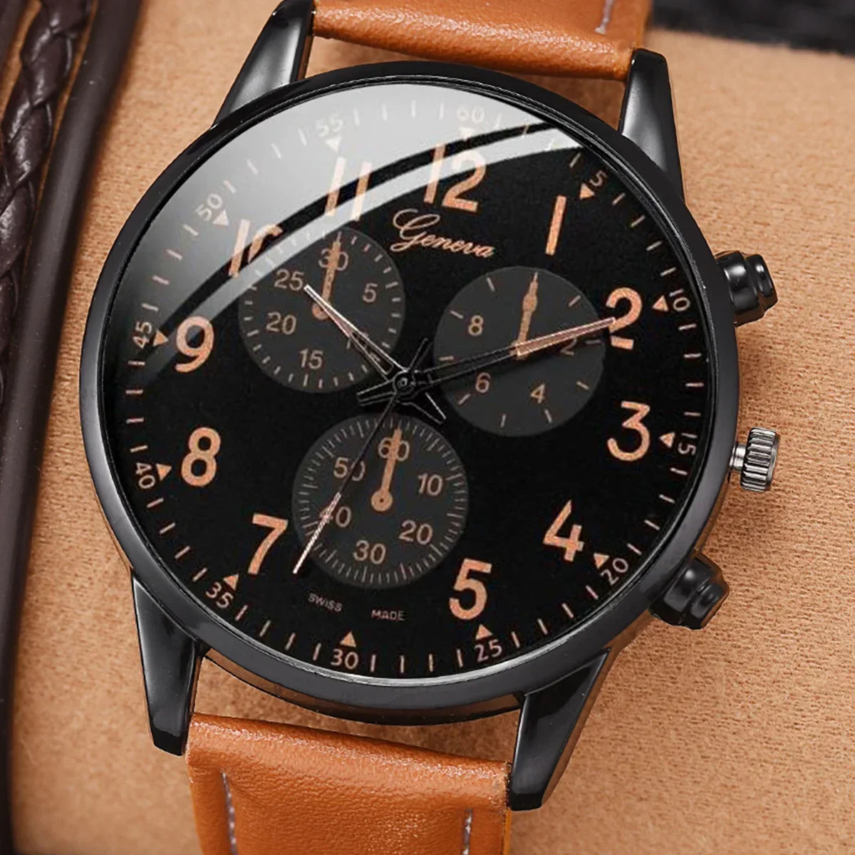 4Pcs/set Men's fashion Trend Brown PU leather quartz watch and bracelet set thumbnail 3