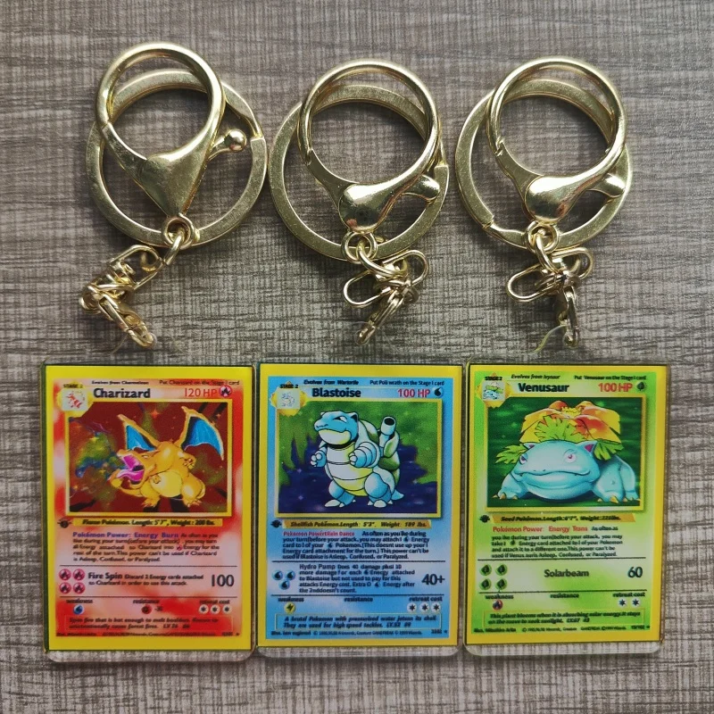 Pokemon Anime Small Card Key Chain Charizard Keychains Blastoise Venusaur Mewtwo Diy Acrylic Action Toy Figures Game Collection thumbnail 2